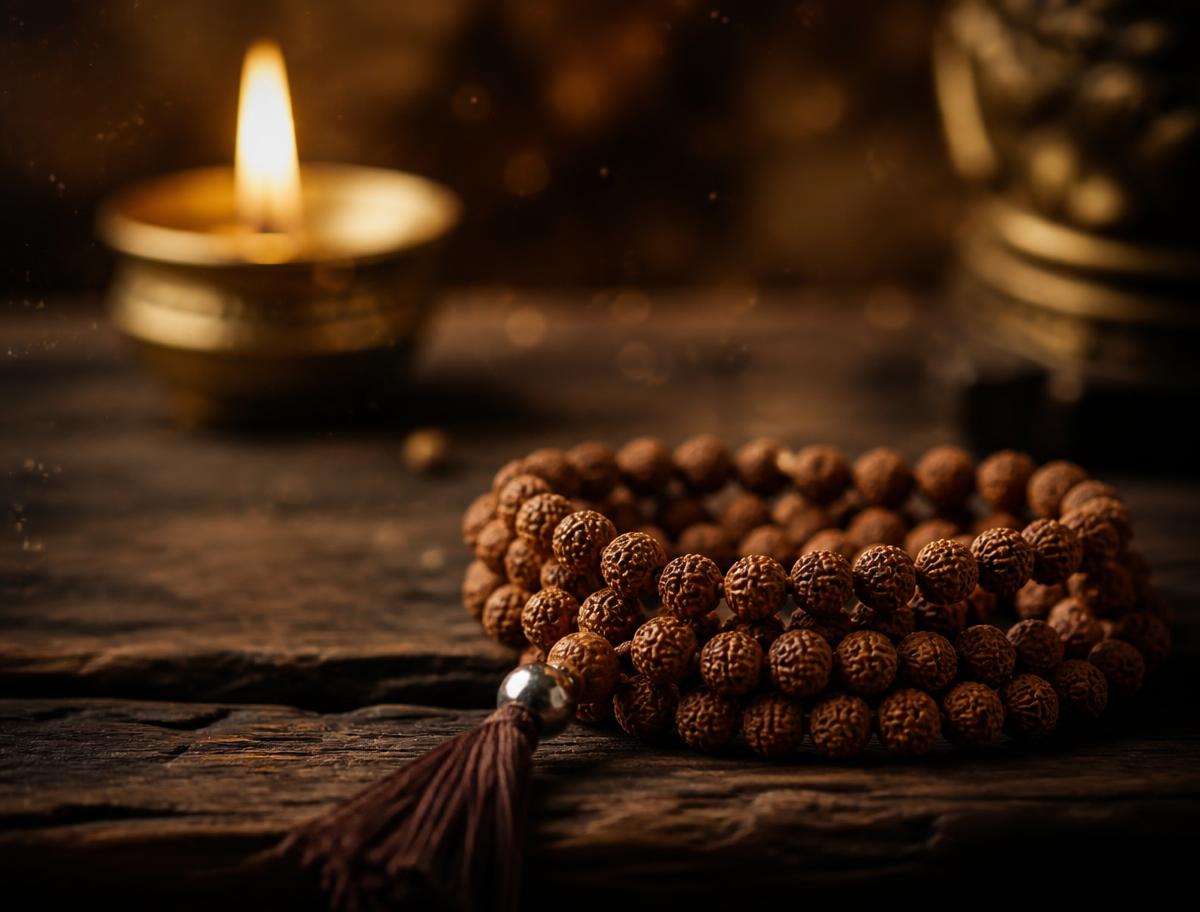 Mala de rudraksha sobre madera oscura junto a una vela encendida